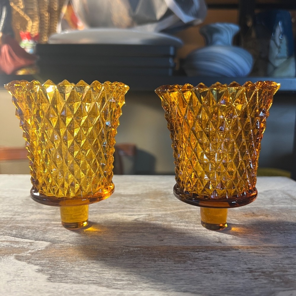 Vintage Amber Diamond Point Glass Votive Candle Holders Set of 2 Pedestal
